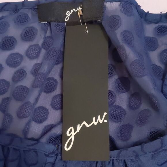 GNU Oversized Navy Blue Women's Top NWT Textured Dots Sheer Gather Accent Sz M - Picture 5 of 10